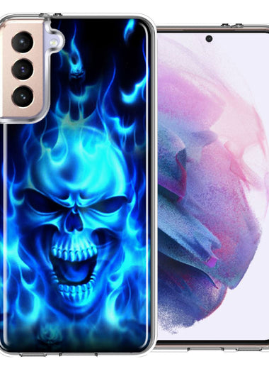 Samsung Galaxy S21 Plus Blue Flaming Skull Double Layer Phone Case Cover