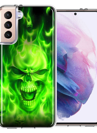 Samsung Galaxy S21 Plus Green Flaming Skull Double Layer Phone Case Cover
