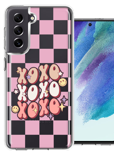 Samsung Galaxy S21FE Retro Pink Checkered XOXO Vintage 70s Style Hippie Valentine Love Double Layer Phone Case Cover