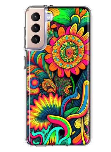 Samsung Galaxy S21FE Neon Rainbow Psychedelic Indie Hippie Sunflowers Hybrid Protective Phone Case Cover