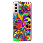 Samsung Galaxy S21 Neon Rainbow Psychedelic Hippie Wild Flowers Hybrid Protective Phone Case Cover