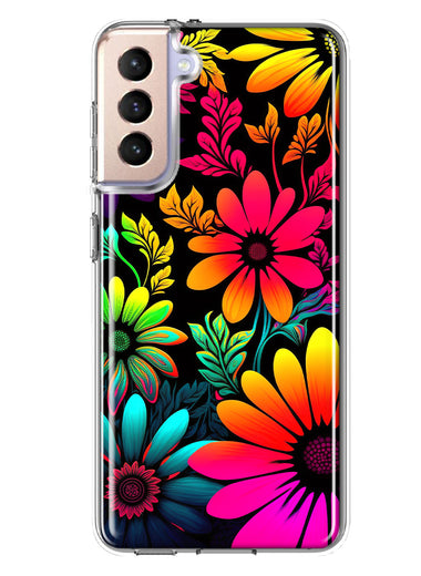 Samsung Galaxy S21 Plus Neon Rainbow Glow Colorful Abstract Flowers Floral Hybrid Protective Phone Case Cover