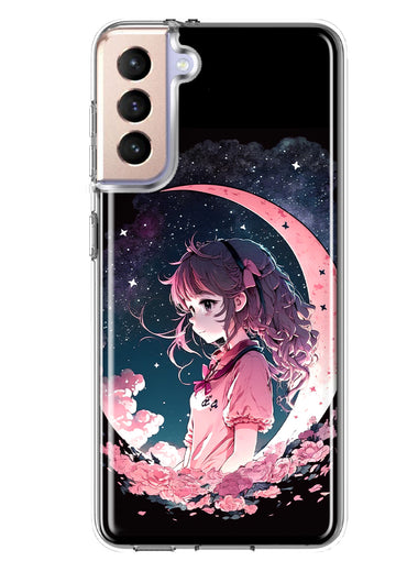 Samsung Galaxy S21 Plus Kawaii Manga Pink Cherry Blossom Dreaming Moon Girl Hybrid Protective Phone Case Cover