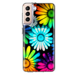 Samsung Galaxy S21 Neon Rainbow Daisy Glow Colorful Daisies Baby Blue Pink Yellow White Double Layer Phone Case Cover