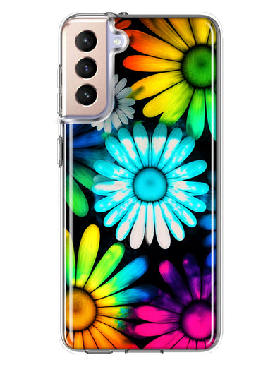 Samsung Galaxy S22 Neon Rainbow Daisy Glow Colorful Daisies Baby Blue Pink Yellow White Double Layer Phone Case Cover