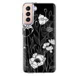 Samsung Galaxy S21FE Line Drawing Art White Floral Flowers Hybrid Protective Phone Case Cover