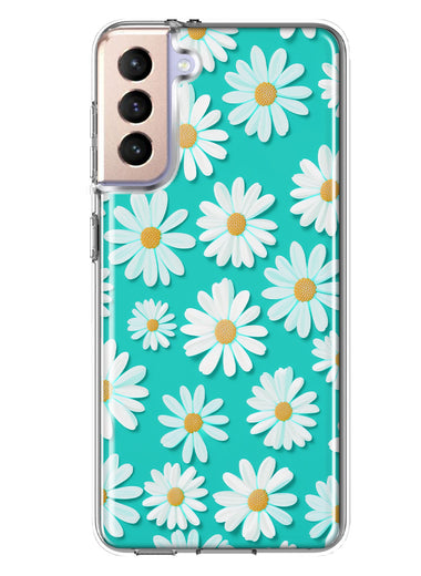Samsung Galaxy S21FE Turquoise Teal White Daisies Cute Daisy Polka Dots Double Layer Phone Case Cover