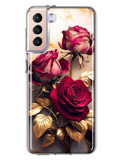 Samsung Galaxy S21 Plus Romantic Elegant Gold Marble Red Roses Double Layer Phone Case Cover
