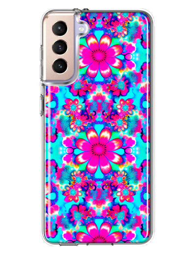 Samsung Galaxy S21FE Pink Blue Vintage Hippie Tie Dye Flowers Hybrid Protective Phone Case Cover