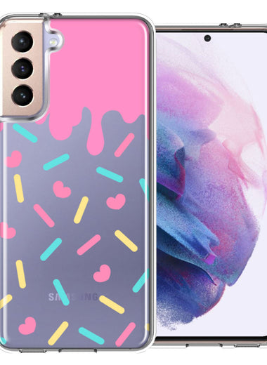 Samsung Galaxy S21 Plus Pink Drip Frosting Cute Heart Sprinkles Kawaii Cake Design Double Layer Phone Case Cover