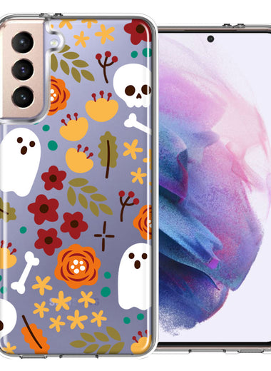 Samsung Galaxy S21 Plus Spooky Season Fall Autumn Flowers Ghosts Skulls Halloween Double Layer Phone Case Cover