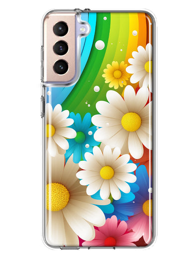 Samsung Galaxy S21 Plus Colorful Rainbow Daisies Blue Pink White Green Double Layer Phone Case Cover