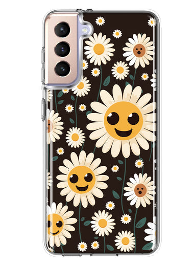 Samsung Galaxy S21 Plus Cute Smiley Face White Daisies Double Layer Phone Case Cover