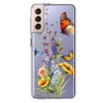 Samsung Galaxy S21FE Yellow Purple Spring Flowers Butterflies Floral Hybrid Protective Phone Case Cover