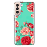 Samsung Galaxy S21FE Turquoise Teal Vintage Pastel Pink Red Roses Double Layer Phone Case Cover