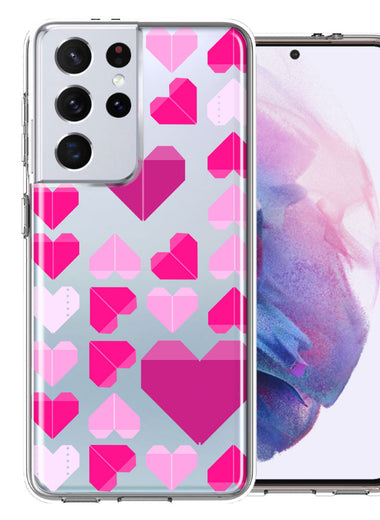 Samsung Galaxy S21 Ultra Pink Purple Origami Valentine's Day Polkadot Hearts Design Double Layer Phone Case Cover