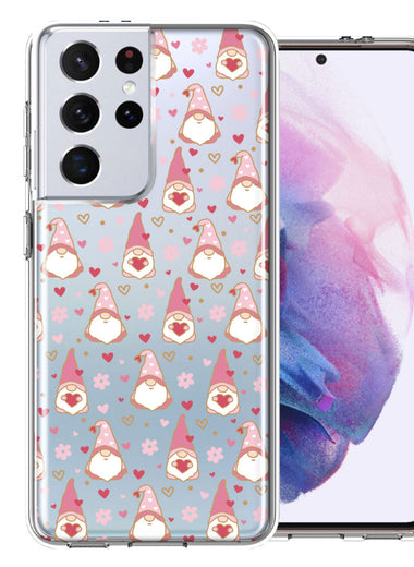 Samsung Galaxy S21 Ultra Pink Blush Valentines Day Flower Hearts Gnome Characters Cute Double Layer Phone Case Cover