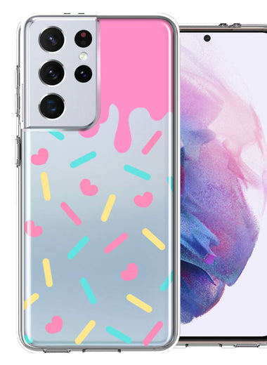 Samsung Galaxy S21 Ultra Pink Drip Frosting Cute Heart Sprinkles Kawaii Cake Design Double Layer Phone Case Cover