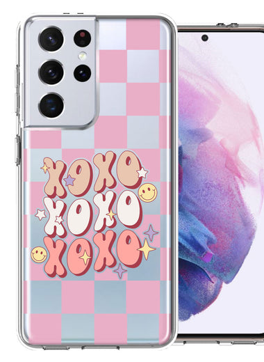 Samsung Galaxy S21 Ultra Retro Pink Checkered XOXO Vintage 70s Style Hippie Valentine Love Double Layer Phone Case Cover