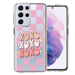 Samsung Galaxy S21 Ultra Retro Pink Checkered XOXO Vintage 70s Style Hippie Valentine Love Double Layer Phone Case Cover