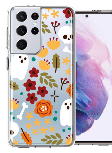 Samsung Galaxy S21 Ultra Spooky Season Fall Autumn Flowers Ghosts Skulls Halloween Double Layer Phone Case Cover