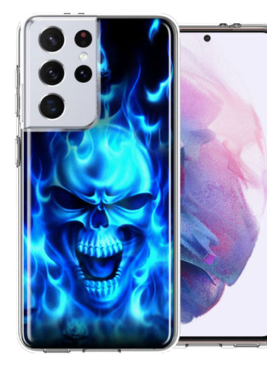 Samsung Galaxy S21 Ultra Blue Flaming Skull Double Layer Phone Case Cover
