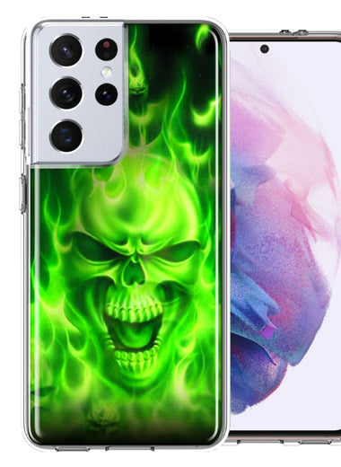 Samsung Galaxy S21 Ultra Green Flaming Skull Double Layer Phone Case Cover