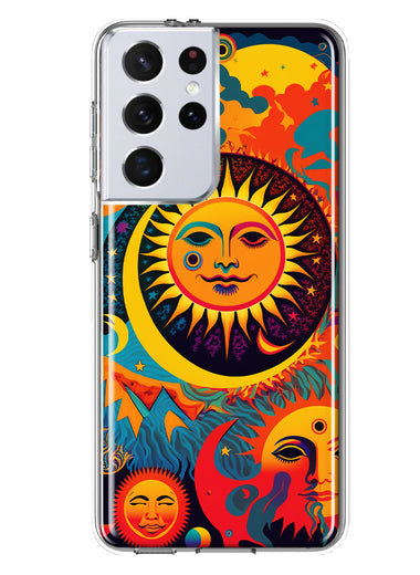 Samsung Galaxy S21 Ultra Neon Rainbow Psychedelic Indie Hippie Sun Moon Hybrid Protective Phone Case Cover