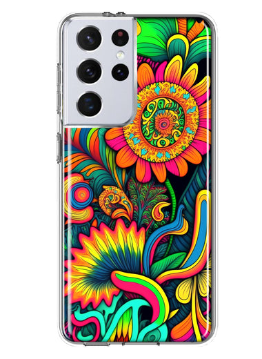 Samsung Galaxy S21 Ultra Neon Rainbow Psychedelic Indie Hippie Sunflowers Hybrid Protective Phone Case Cover