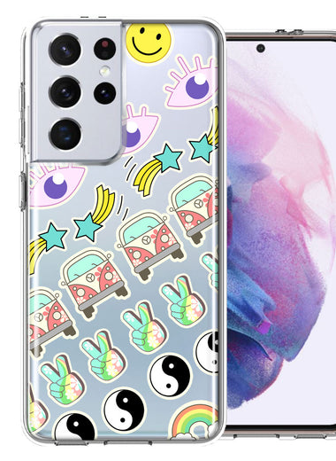 Samsung Galaxy S21 Ultra 70's Yin Yang Hippie Happy Peace Stars Design Double Layer Phone Case Cover