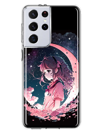 Samsung Galaxy S21 Ultra Kawaii Manga Pink Cherry Blossom Dreaming Moon Girl Hybrid Protective Phone Case Cover