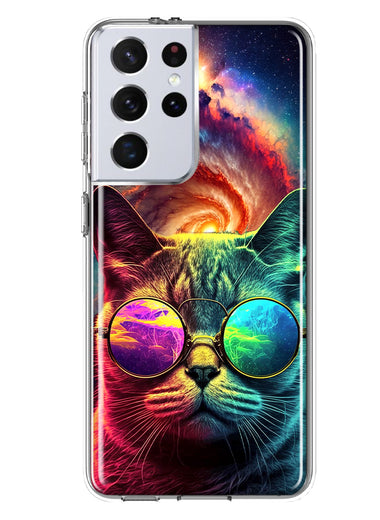 Samsung Galaxy S21 Ultra Neon Rainbow Galaxy Cat Hybrid Protective Phone Case Cover