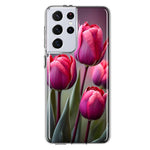 Samsung Galaxy S21 Ultra Pink Tulip Flowers Floral Hybrid Protective Phone Case Cover