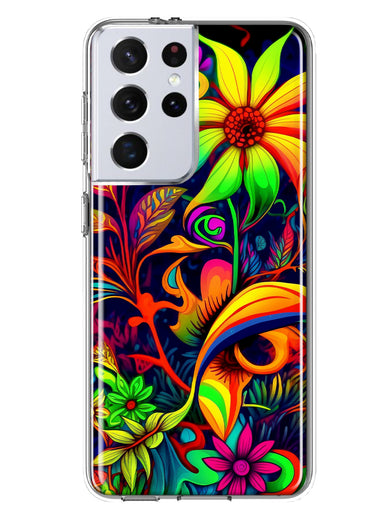 Samsung Galaxy S21 Ultra Neon Rainbow Psychedelic Trippy Hippie Daisy Flowers Hybrid Protective Phone Case Cover