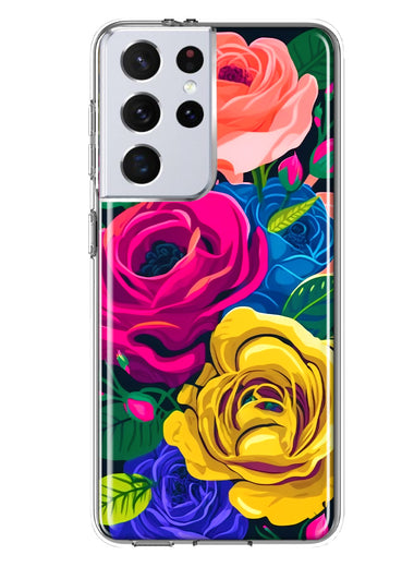 Samsung Galaxy S21 Ultra Vintage Pastel Abstract Colorful Pink Yellow Blue Roses Double Layer Phone Case Cover