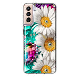 Samsung Galaxy S21 Colorful Crystal White Daisies Rainbow Gems Teal Double Layer Phone Case Cover