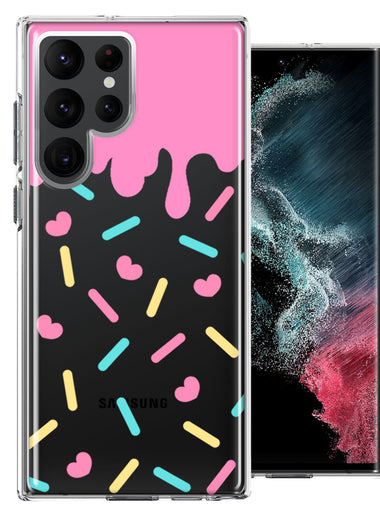 Samsung Galaxy S22 Ultra Pink Drip Frosting Cute Heart Sprinkles Kawaii Cake Design Double Layer Phone Case Cover