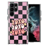 Samsung Galaxy S22 Ultra Retro Pink Checkered XOXO Vintage 70s Style Hippie Valentine Love Double Layer Phone Case Cover