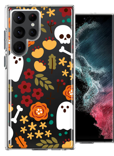 Samsung Galaxy S22 Ultra Spooky Season Fall Autumn Flowers Ghosts Skulls Halloween Double Layer Phone Case Cover