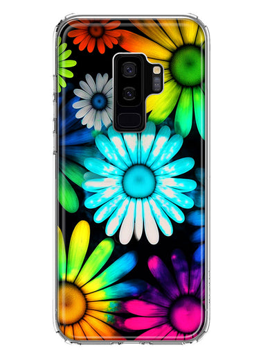 Samsung Galaxy S9 Plus Neon Rainbow Daisy Glow Colorful Daisies Baby Blue Pink Yellow White Double Layer Phone Case Cover