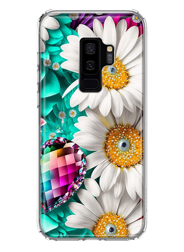 Samsung Galaxy S9 Plus Colorful Crystal White Daisies Rainbow Gems Teal Double Layer Phone Case Cover
