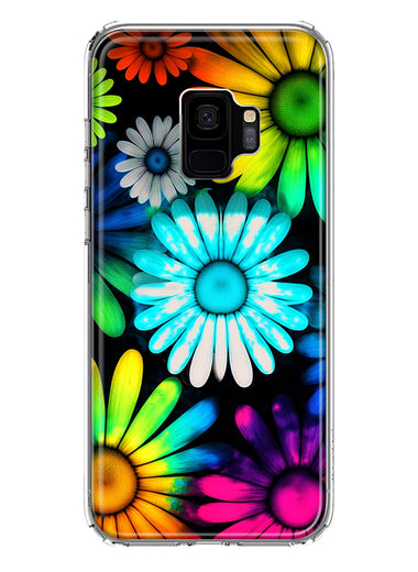 Samsung Galaxy S9 Neon Rainbow Daisy Glow Colorful Daisies Baby Blue Pink Yellow White Double Layer Phone Case Cover