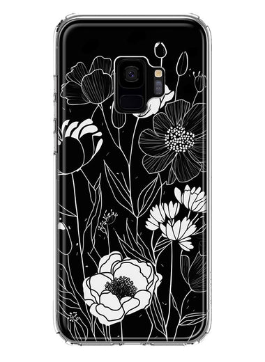Samsung Galaxy S9 Line Drawing Art White Floral Flowers Hybrid Protective Phone Case Cover