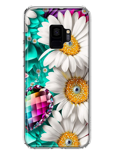 Samsung Galaxy S9 Colorful Crystal White Daisies Rainbow Gems Teal Double Layer Phone Case Cover