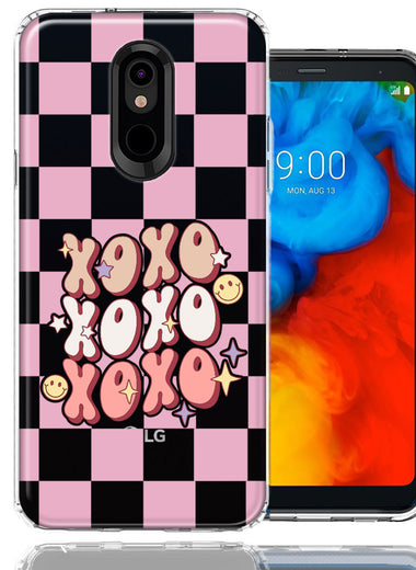 LG Aristo 4/Escape PLUS/Tribute Royal Retro Pink Checkered XOXO Vintage 70s Style Hippie Valentine Love Double Layer Phone Case Cover