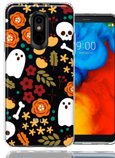 LG Stylo 4 Spooky Season Fall Autumn Flowers Ghosts Skulls Halloween Double Layer Phone Case Cover