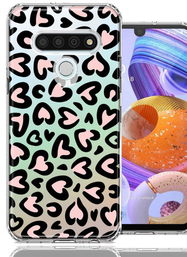 LG Stylo 6 Cute Pink Leopard Print Hearts Valentines Day Love Double Layer Phone Case Cover