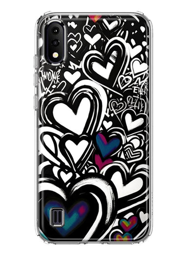 Samsung Galaxy A01 Black White Hearts Love Graffiti Hybrid Protective Phone Case Cover