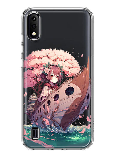 Samsung Galaxy A01 Kawaii Manga Pink Cherry Blossom Japanese Girl Boat Hybrid Protective Phone Case Cover