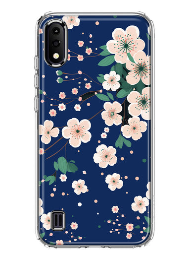 Samsung Galaxy A01 Kawaii Japanese Pink Cherry Blossom Navy Blue Hybrid Protective Phone Case Cover